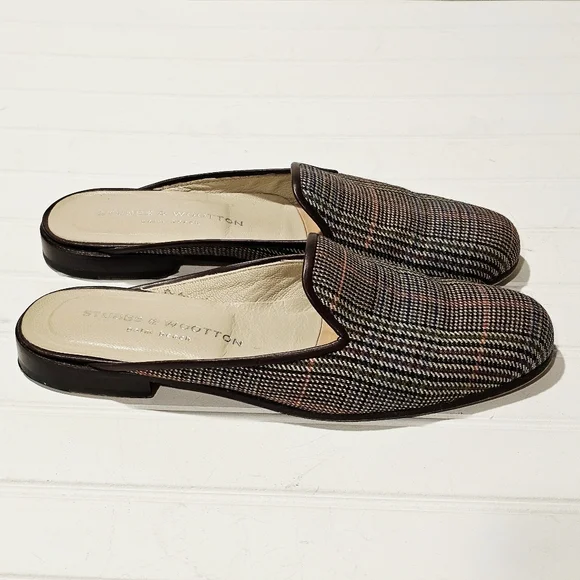 Stubbs & Wootton Plaid Gingham Straw Mule Flats - Picture 3 of 9